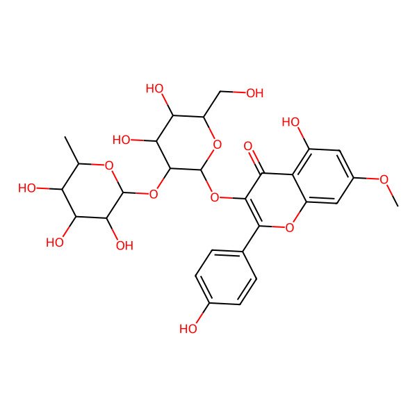 2D Structure of 3-[(2S,3R,4S,5R,6R)-4,5-dihydroxy-6-(hydroxymethyl)-3-[(2S,3R,4R,5R,6S)-3,4,5-trihydroxy-6-methyloxan-2-yl]oxyoxan-2-yl]oxy-5-hydroxy-2-(4-hydroxyphenyl)-7-methoxychromen-4-one