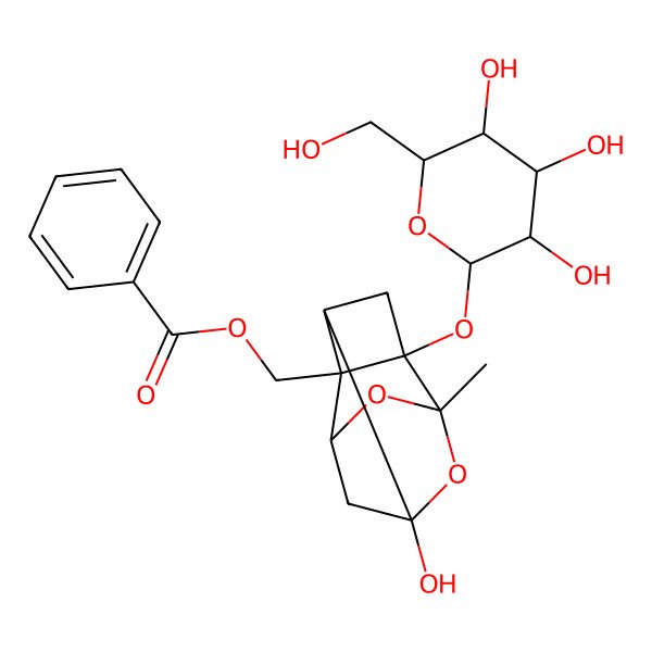 2D Structure of [(1R,2R,3R,5R,6S,8S)-6-hydroxy-8-methyl-3-[(2S,3R,4S,5S,6R)-3,4,5-trihydroxy-6-(hydroxymethyl)oxan-2-yl]oxy-7,9-dioxatetracyclo[4.3.1.02,5.03,8]decan-2-yl]methyl benzoate