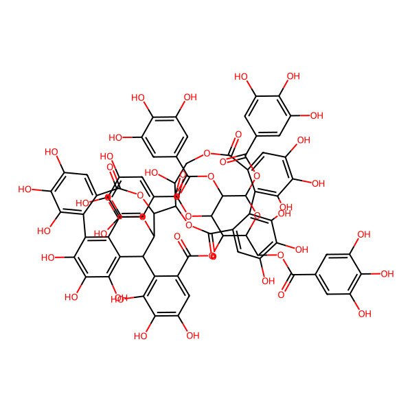 2D Structure of [(2R,3R,4S,5R,6S)-4,5,6-tris[(3,4,5-trihydroxybenzoyl)oxy]-2-[(3,4,5-trihydroxybenzoyl)oxymethyl]oxan-3-yl] 2-[(14S,15S,19R)-14-[(10R)-3,4,5,11,17,18,19-heptahydroxy-8,14-dioxo-9,13-dioxatricyclo[13.4.0.02,7]nonadeca-1(19),2,4,6,15,17-hexaen-10-yl]-2,3,4,7,8,9-hexahydroxy-12,17-dioxo-13,16-dioxatetracyclo[13.3.1.05,18.06,11]nonadeca-1,3,5(18),6,8,10-hexaen-19-yl]-3,4,5-trihydroxybenzoate