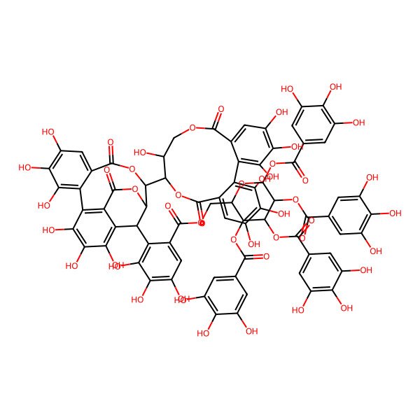 2D Structure of [(2R,3R,4S,5R,6S)-3,4,5,6-tetrakis[(3,4,5-trihydroxybenzoyl)oxy]oxan-2-yl]methyl 2-[(14S,15S,19R)-14-[(10R)-3,4,5,11,17,18,19-heptahydroxy-8,14-dioxo-9,13-dioxatricyclo[13.4.0.02,7]nonadeca-1(19),2,4,6,15,17-hexaen-10-yl]-2,3,4,7,8,9-hexahydroxy-12,17-dioxo-13,16-dioxatetracyclo[13.3.1.05,18.06,11]nonadeca-1,3,5(18),6,8,10-hexaen-19-yl]-3,4,5-trihydroxybenzoate