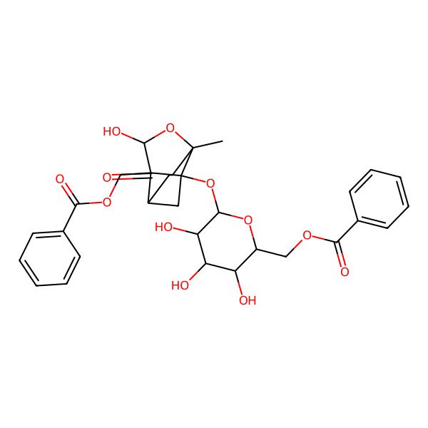 2D Structure of [(2R,3S,4S,5R,6S)-6-[[(1R,3R,6S,8S,9S)-9-(benzoyloxymethyl)-8-hydroxy-6-methyl-4-oxo-7-oxatricyclo[4.3.0.03,9]nonan-1-yl]oxy]-3,4,5-trihydroxyoxan-2-yl]methyl benzoate