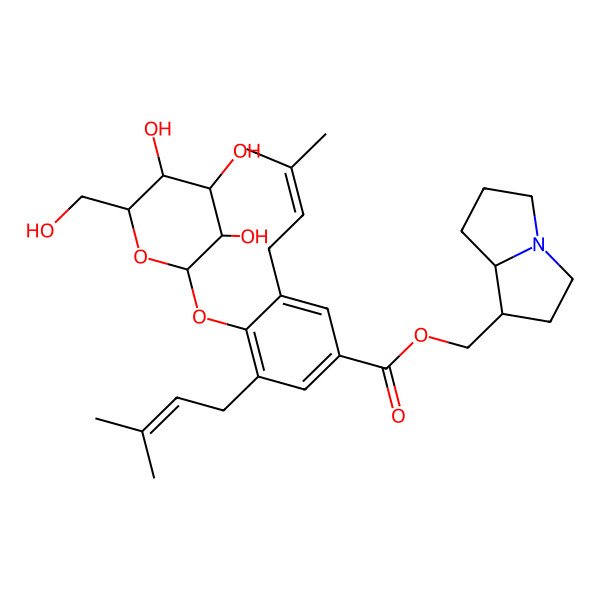 2D Structure of ((1R,7AR)-hexahydro-1H-pyrrolizin-1-yl)methyl 3,5-bis(3-methylbut-2-en-1-yl)-4-(((2S,3R,4S,5S,6R)-3,4,5-trihydroxy-6-(hydroxymethyl)tetrahydro-2H-pyran-2-yl)oxy)benzoate