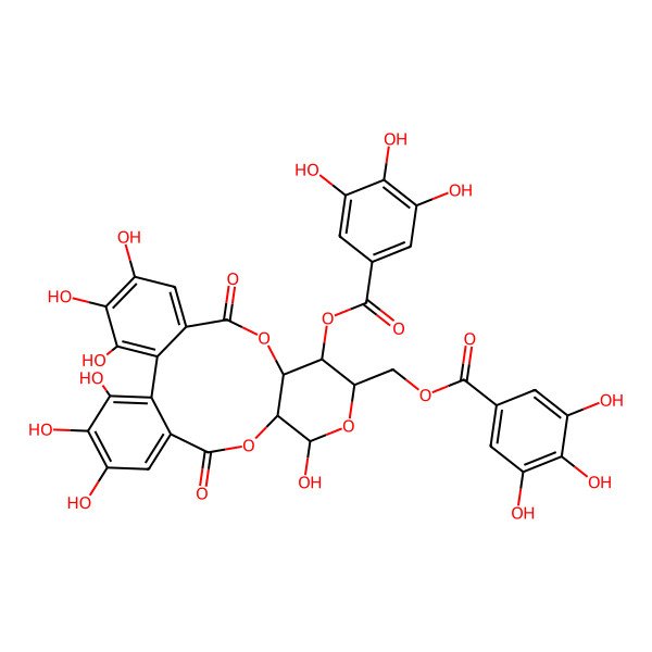 2D Structure of [(10R,11R,13R,14R,15S)-3,4,5,11,20,21,22-heptahydroxy-8,17-dioxo-14-(3,4,5-trihydroxybenzoyl)oxy-9,12,16-trioxatetracyclo[16.4.0.02,7.010,15]docosa-1(22),2,4,6,18,20-hexaen-13-yl]methyl 3,4,5-trihydroxybenzoate