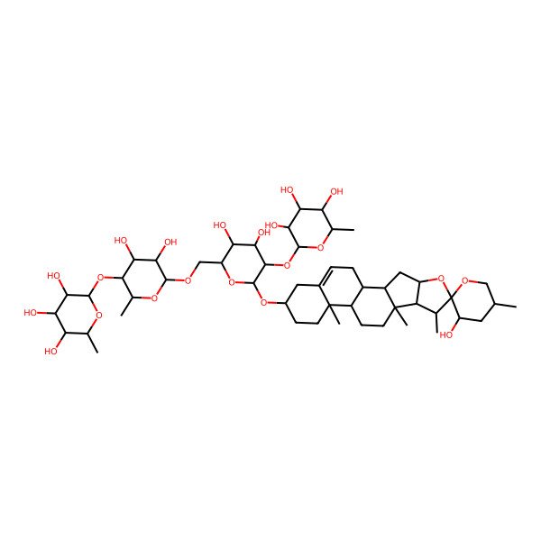 2D Structure of (2S,3R,4R,5R,6S)-2-[(2S,3R,4S,5R,6R)-6-[[(2R,3S,4S,5R,6R)-3,4-dihydroxy-6-[(1S,2S,3'S,4S,5'R,6S,7S,8R,9S,12S,13R,16S)-3'-hydroxy-5',7,9,13-tetramethylspiro[5-oxapentacyclo[10.8.0.02,9.04,8.013,18]icos-18-ene-6,2'-oxane]-16-yl]oxy-5-[(2S,3R,4R,5R,6S)-3,4,5-trihydroxy-6-methyloxan-2-yl]oxyoxan-2-yl]methoxy]-4,5-dihydroxy-2-methyloxan-3-yl]oxy-6-methyloxane-3,4,5-triol