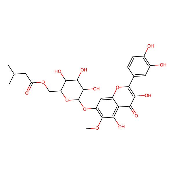 2D Structure of [(2R,3S,4S,5R,6S)-6-[2-(3,4-dihydroxyphenyl)-3,5-dihydroxy-6-methoxy-4-oxochromen-7-yl]oxy-3,4,5-trihydroxyoxan-2-yl]methyl 3-methylbutanoate