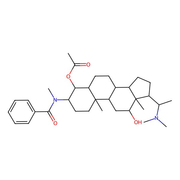2D Structure of [(3R,4R,5R,8R,9S,10R,12R,13S,14S,17S)-3-[benzoyl(methyl)amino]-17-[(1S)-1-(dimethylamino)ethyl]-12-hydroxy-10,13-dimethyl-2,3,4,5,6,7,8,9,11,12,14,15,16,17-tetradecahydro-1H-cyclopenta[a]phenanthren-4-yl] acetate