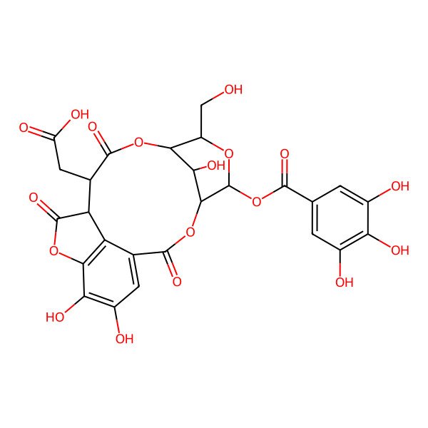 2D Structure of 2-[(4S,5R,7S,8S,20S)-16,17,20-trihydroxy-7-(hydroxymethyl)-2,10,13-trioxo-5-(3,4,5-trihydroxybenzoyl)oxy-3,6,9,14-tetraoxatetracyclo[10.6.1.14,8.015,19]icosa-1(18),15(19),16-trien-11-yl]acetic acid