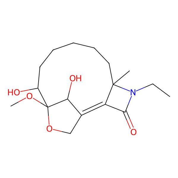 2D Structure of (1E,5R,11S,12S,15S)-4-ethyl-11,15-dihydroxy-12-methoxy-5-methyl-13-oxa-4-azatricyclo[10.2.1.02,5]pentadec-1-en-3-one