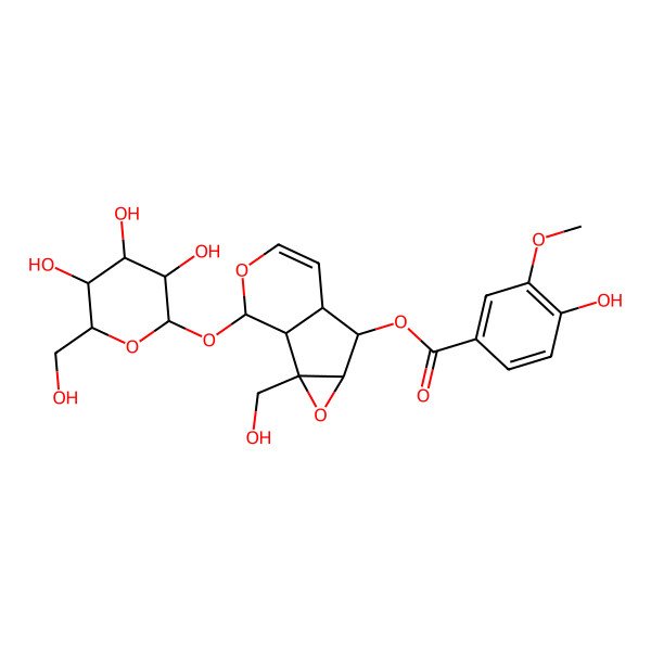 2D Structure of [2-(Hydroxymethyl)-10-[3,4,5-trihydroxy-6-(hydroxymethyl)oxan-2-yl]oxy-3,9-dioxatricyclo[4.4.0.02,4]dec-7-en-5-yl] 4-hydroxy-3-methoxybenzoate