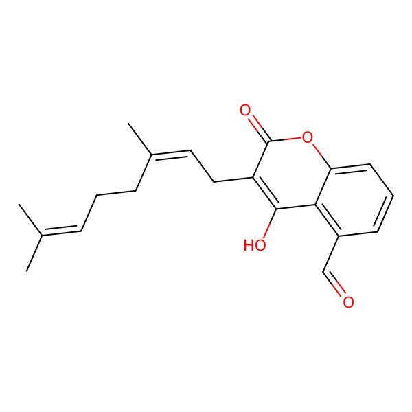 2D Structure of 3-[(2E)-3,7-dimethylocta-2,6-dienyl]-4-hydroxy-2-oxochromene-5-carbaldehyde
