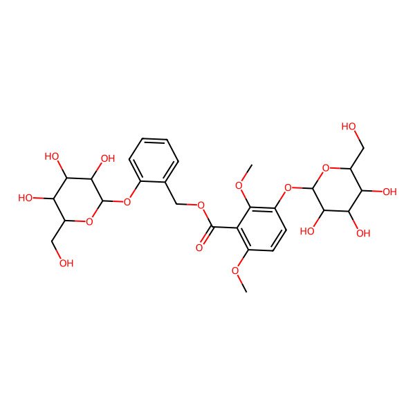 2D Structure of [2-[(2S,3R,4S,5S,6R)-3,4,5-trihydroxy-6-(hydroxymethyl)oxan-2-yl]oxyphenyl]methyl 2,6-dimethoxy-3-[(2S,3R,4S,5S,6R)-3,4,5-trihydroxy-6-(hydroxymethyl)oxan-2-yl]oxybenzoate
