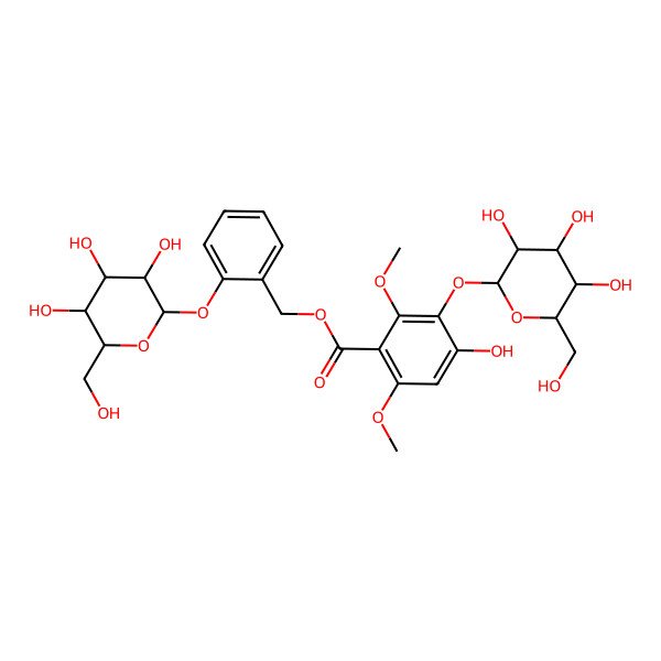 2D Structure of [2-[(2S,3R,4S,5S,6R)-3,4,5-trihydroxy-6-(hydroxymethyl)oxan-2-yl]oxyphenyl]methyl 4-hydroxy-2,6-dimethoxy-3-[(2S,3R,4S,5S,6R)-3,4,5-trihydroxy-6-(hydroxymethyl)oxan-2-yl]oxybenzoate