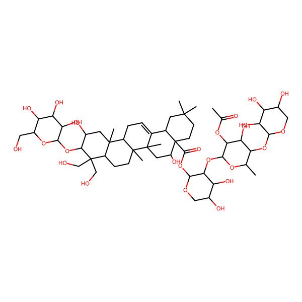 2D Structure of [(2S,3R,4S,5S)-3-[(2S,3R,4R,5R,6S)-3-acetyloxy-4-hydroxy-6-methyl-5-[(2S,3R,4S,5R)-3,4,5-trihydroxyoxan-2-yl]oxyoxan-2-yl]oxy-4,5-dihydroxyoxan-2-yl] (4aR,5R,6aR,6aS,6bR,8aR,10R,11S,12aR,14bS)-5,11-dihydroxy-9,9-bis(hydroxymethyl)-2,2,6a,6b,12a-pentamethyl-10-[(2R,3R,4S,5S,6R)-3,4,5-trihydroxy-6-(hydroxymethyl)oxan-2-yl]oxy-1,3,4,5,6,6a,7,8,8a,10,11,12,13,14b-tetradecahydropicene-4a-carboxylate