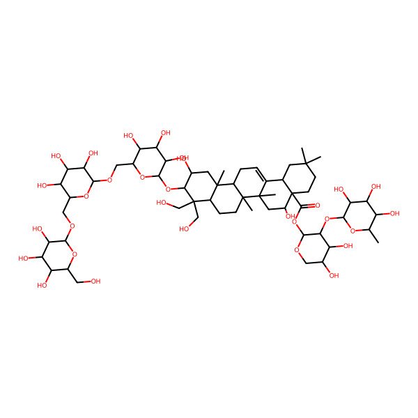 2D Structure of [(2S,3R,4S,5S)-4,5-dihydroxy-3-[(2S,3R,4R,5R,6S)-3,4,5-trihydroxy-6-methyloxan-2-yl]oxyoxan-2-yl] (4aR,5R,6aR,6aS,6bR,8aR,10R,11S,12aR,14bS)-5,11-dihydroxy-9,9-bis(hydroxymethyl)-2,2,6a,6b,12a-pentamethyl-10-[(2R,3R,4S,5S,6R)-3,4,5-trihydroxy-6-[[(2R,3R,4S,5S,6R)-3,4,5-trihydroxy-6-[[(2R,3R,4S,5S,6R)-3,4,5-trihydroxy-6-(hydroxymethyl)oxan-2-yl]oxymethyl]oxan-2-yl]oxymethyl]oxan-2-yl]oxy-1,3,4,5,6,6a,7,8,8a,10,11,12,13,14b-tetradecahydropicene-4a-carboxylate