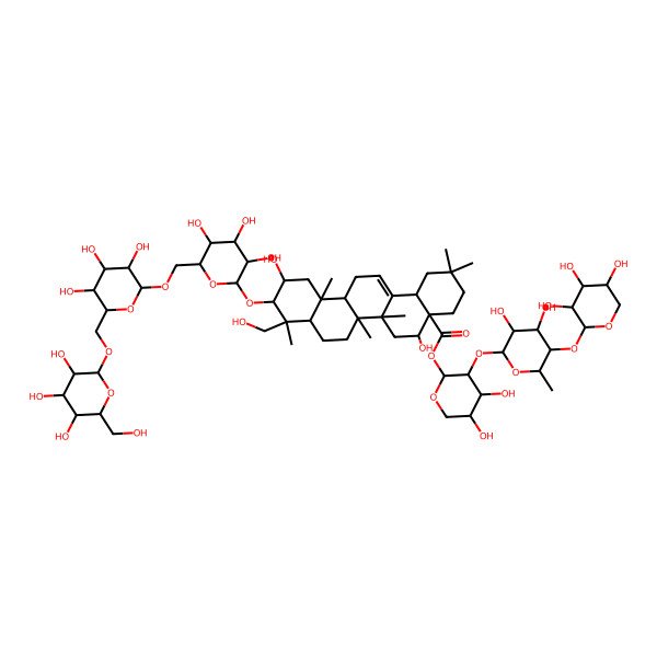 2D Structure of [(2S,3R,4S,5S)-3-[(2S,3R,4S,5R,6S)-3,4-dihydroxy-6-methyl-5-[(2S,3R,4S,5R)-3,4,5-trihydroxyoxan-2-yl]oxyoxan-2-yl]oxy-4,5-dihydroxyoxan-2-yl] (4aR,5R,6aR,6aS,6bR,8aR,9R,10R,11S,12aR,14bS)-5,11-dihydroxy-9-(hydroxymethyl)-2,2,6a,6b,9,12a-hexamethyl-10-[(2R,3R,4S,5S,6R)-3,4,5-trihydroxy-6-[[(2R,3R,4S,5S,6R)-3,4,5-trihydroxy-6-[[(2R,3R,4S,5S,6R)-3,4,5-trihydroxy-6-(hydroxymethyl)oxan-2-yl]oxymethyl]oxan-2-yl]oxymethyl]oxan-2-yl]oxy-1,3,4,5,6,6a,7,8,8a,10,11,12,13,14b-tetradecahydropicene-4a-carboxylate