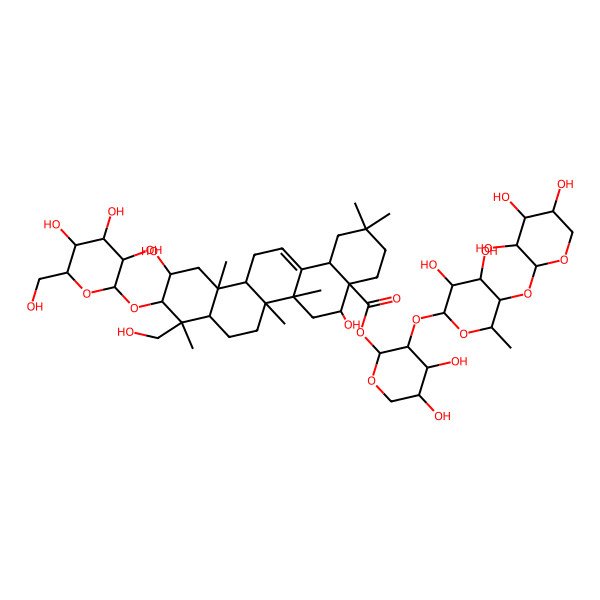 2D Structure of [(2S,3R,4S,5S)-3-[(2S,3R,4S,5R,6S)-3,4-dihydroxy-6-methyl-5-[(2S,3R,4S,5R)-3,4,5-trihydroxyoxan-2-yl]oxyoxan-2-yl]oxy-4,5-dihydroxyoxan-2-yl] (4aR,5R,6aR,6aS,6bR,8aR,9R,10R,11S,12aR,14bS)-5,11-dihydroxy-9-(hydroxymethyl)-2,2,6a,6b,9,12a-hexamethyl-10-[(2R,3R,4S,5S,6R)-3,4,5-trihydroxy-6-(hydroxymethyl)oxan-2-yl]oxy-1,3,4,5,6,6a,7,8,8a,10,11,12,13,14b-tetradecahydropicene-4a-carboxylate
