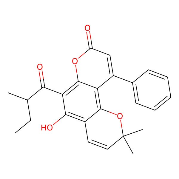 2D Structure of 5-Hydroxy-2,2-dimethyl-6-(2-methylbutanoyl)-10-phenylpyrano[2,3-f]chromen-8-one