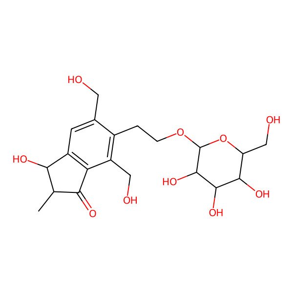 2D Structure of (2S,3S)-3-hydroxy-5,7-bis(hydroxymethyl)-2-methyl-6-[2-[(2R,3R,4S,5S,6R)-3,4,5-trihydroxy-6-(hydroxymethyl)oxan-2-yl]oxyethyl]-2,3-dihydroinden-1-one