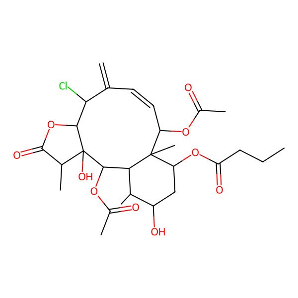 2D Structure of [(1S,2S,3R,4R,7R,8S,10Z,12S,13R,14S,16R,17R)-2,12-diacetyloxy-8-chloro-3,16-dihydroxy-4,13,17-trimethyl-9-methylidene-5-oxo-6-oxatricyclo[11.4.0.03,7]heptadec-10-en-14-yl] butanoate