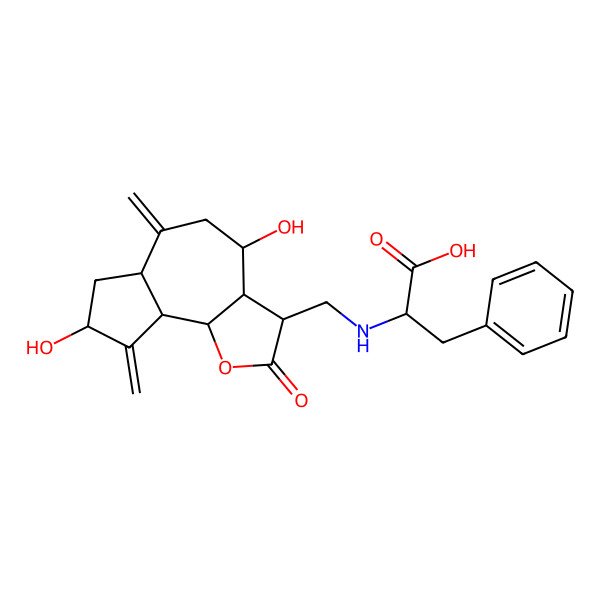 2D Structure of (2S)-2-[[(3R,3aR,4S,6aR,8S,9aR,9bR)-4,8-dihydroxy-6,9-dimethylidene-2-oxo-3a,4,5,6a,7,8,9a,9b-octahydro-3H-azuleno[4,5-b]furan-3-yl]methylamino]-3-phenylpropanoic acid