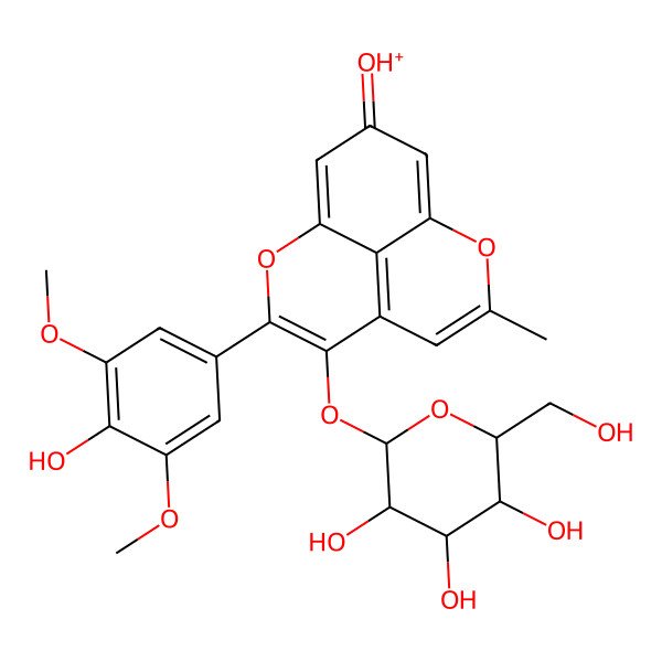 2D Structure of [3-(4-hydroxy-3,5-dimethoxyphenyl)-7-methyl-4-[(2S,3R,4S,5S,6R)-3,4,5-trihydroxy-6-(hydroxymethyl)oxan-2-yl]oxy-2,8-dioxatricyclo[7.3.1.05,13]trideca-1(12),3,5(13),6,9-pentaen-11-ylidene]oxidanium
