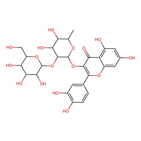 2D Structure of quercetin 3-O-beta-D-glucopyranosyl-(1->2)-rhamnopyranoside