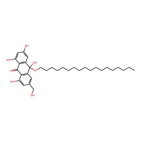 2D Structure of 1,3,8,10-Tetrahydroxy-6-(hydroxymethyl)-10-octadecoxyanthracen-9-one 2D Structure of 1,3,8,10-Tetrahydroxy-6-(hydroxymethyl)-10-octadecoxyanthracen-9-one