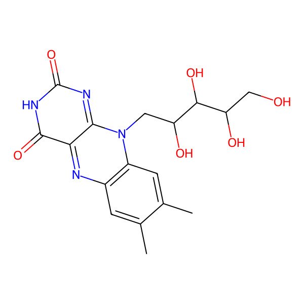 2D Structure of 7,8-dimethyl-10-((2R,3R,4S)-2,3,4,5-tetrahydroxypentyl)benzo[g]pteridine-2,4(3H,10H)-dione