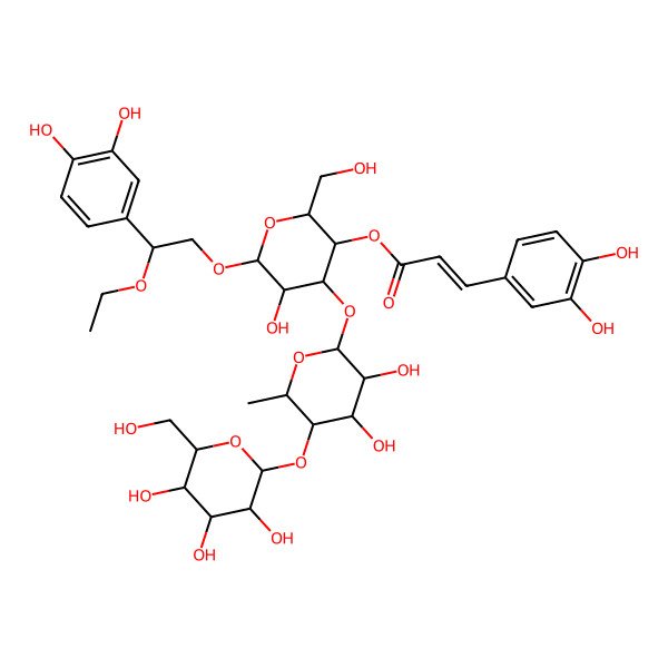 2D Structure of [(2R,3R,4R,5R,6R)-4-[(2S,3R,4S,5R,6S)-3,4-dihydroxy-6-methyl-5-[(2S,3R,4S,5S,6R)-3,4,5-trihydroxy-6-(hydroxymethyl)oxan-2-yl]oxyoxan-2-yl]oxy-6-[2-(3,4-dihydroxyphenyl)-2-ethoxyethoxy]-5-hydroxy-2-(hydroxymethyl)oxan-3-yl] (E)-3-(3,4-dihydroxyphenyl)prop-2-enoate