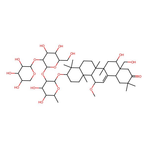 2D Structure of (4aS,5R,6aR,6aS,6bR,8aR,10S,12aS,13R,14bS)-10-[(2R,3R,4S,5R,6R)-3-[(2S,3R,4S,5S,6R)-4,5-dihydroxy-6-(hydroxymethyl)-3-[(2S,3R,4S,5R)-3,4,5-trihydroxyoxan-2-yl]oxyoxan-2-yl]oxy-4,5-dihydroxy-6-methyloxan-2-yl]oxy-5-hydroxy-4a-(hydroxymethyl)-13-methoxy-2,2,6a,6b,9,9,12a-heptamethyl-4,5,6,6a,7,8,8a,10,11,12,13,14b-dodecahydro-1H-picen-3-one