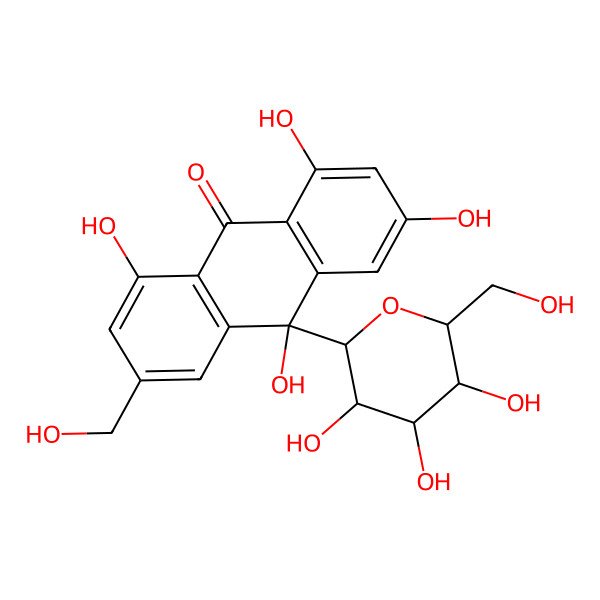 2D Structure of (10R)-1,3,8,10-tetrahydroxy-6-(hydroxymethyl)-10-[(2R,3R,4S,5S,6R)-3,4,5-trihydroxy-6-(hydroxymethyl)oxan-2-yl]anthracen-9-one