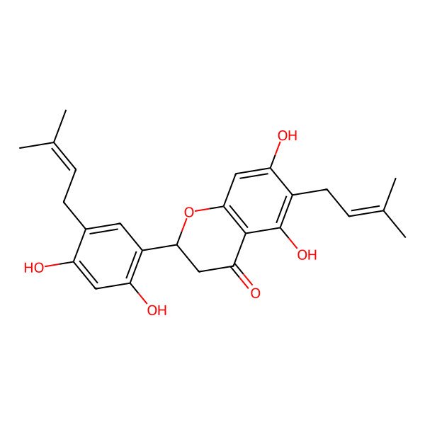 2D Structure of (S)-2-(2,4-dihydroxy-5-(3-methylbut-2-enyl)phenyl)-5,7-dihydroxy-6-(3-methylbut-2-enyl)chroman-4-one