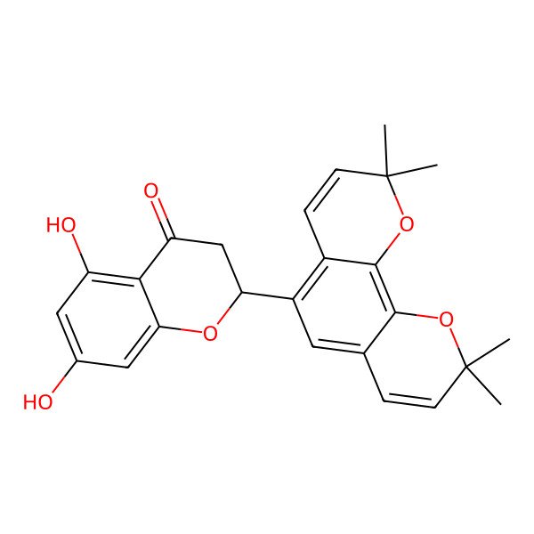 2D Structure of (S)-5,7-dihydroxy-2-(2,2,9,9-tetramethyl-2,9-dihydropyrano[3,2-h]chromen-5-yl)chroman-4-one