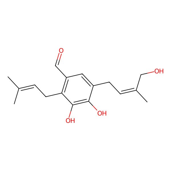 2D Structure of 3,4-dihydroxy-5-[(E)-4-hydroxy-3-methylbut-2-enyl]-2-(3-methylbut-2-enyl)benzaldehyde