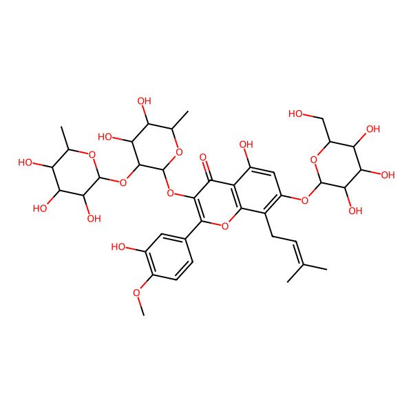 2D Structure of 3-[(2S,3R,4R,5R,6S)-4,5-dihydroxy-6-methyl-3-[(2S,3R,4R,5R,6S)-3,4,5-trihydroxy-6-methyloxan-2-yl]oxyoxan-2-yl]oxy-5-hydroxy-2-(3-hydroxy-4-methoxyphenyl)-8-(3-methylbut-2-enyl)-7-[(2S,3R,4S,5S,6R)-3,4,5-trihydroxy-6-(hydroxymethyl)oxan-2-yl]oxychromen-4-one