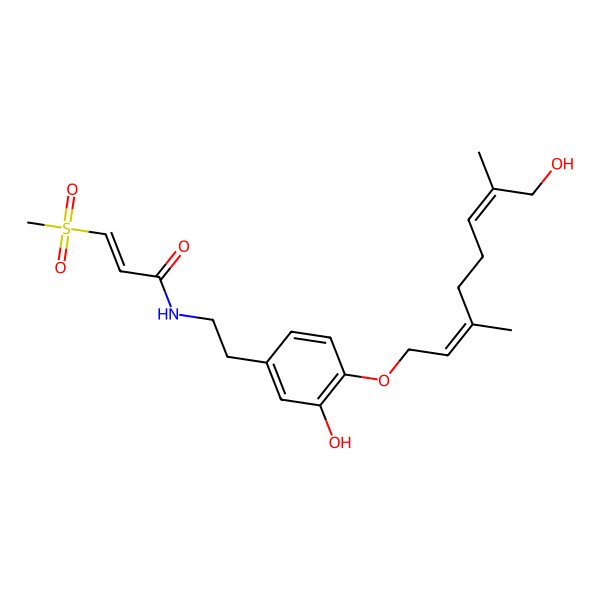 2D Structure of (E)-N-[2-[3-hydroxy-4-[(2E,6Z)-8-hydroxy-3,7-dimethylocta-2,6-dienoxy]phenyl]ethyl]-3-methylsulfonylprop-2-enamide