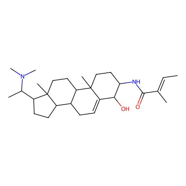 2D Structure of (E)-N-[(3S,4R,8S,9S,10R,13S,14S,17S)-17-[(1S)-1-(dimethylamino)ethyl]-4-hydroxy-10,13-dimethyl-2,3,4,7,8,9,11,12,14,15,16,17-dodecahydro-1H-cyclopenta[a]phenanthren-3-yl]-2-methylbut-2-enamide