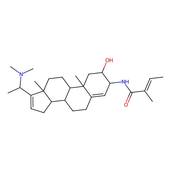 2D Structure of (E)-N-[(2R,3R,8R,9S,10R,13S,14S)-17-[(1S)-1-(dimethylamino)ethyl]-2-hydroxy-10,13-dimethyl-2,3,6,7,8,9,11,12,14,15-decahydro-1H-cyclopenta[a]phenanthren-3-yl]-2-methylbut-2-enamide