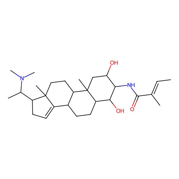 2D Structure of (E)-N-[(2S,3S,4R,8R,9S,10R,13R,17S)-17-[(1S)-1-(dimethylamino)ethyl]-2,4-dihydroxy-10,13-dimethyl-2,3,4,5,6,7,8,9,11,12,16,17-dodecahydro-1H-cyclopenta[a]phenanthren-3-yl]-2-methylbut-2-enamide