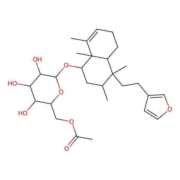 2D Structure of [(2R,3S,4S,5R,6R)-6-[[(1S,3R,4S,4aR,8aR)-4-[2-(furan-3-yl)ethyl]-3,4,8,8a-tetramethyl-1,2,3,4a,5,6-hexahydronaphthalen-1-yl]oxy]-3,4,5-trihydroxyoxan-2-yl]methyl acetate