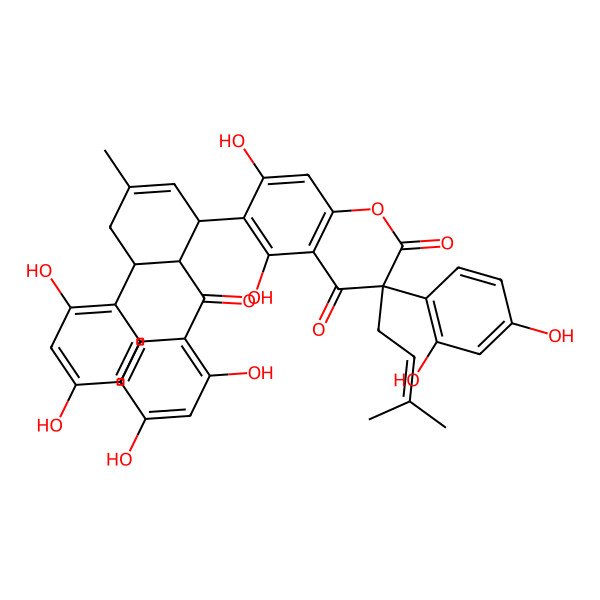 2D Structure of 6-[6-(2,4-Dihydroxybenzoyl)-5-(2,4-dihydroxyphenyl)-3-methylcyclohex-2-en-1-yl]-3-(2,4-dihydroxyphenyl)-5,7-dihydroxy-3-(3-methylbut-2-enyl)chromene-2,4-dione
