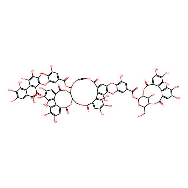 2D Structure of alpha-D-Glucopyranose, cyclic 4,6-(3-(5-(((2,3:4,6-bis-O-((4,4',5,5',6,6'-hexahydroxy(1,1'-biphenyl)-2,2'-diyl)dicarbonyl)-beta-D-glucopyranosyl)oxy)carbonyl)-2,3-dihydroxyphenoxy)-4,4',5,5',6,6'hexahydroxy(1,1'-biphenyl)-2,2,3-(4,4',5,5',6,6'-hexahydroxy(1,1'-biphenyl)-2,2'-dicarboxylate) 1-(3,4,5-trihydroxybenzoate), stereoisomer
