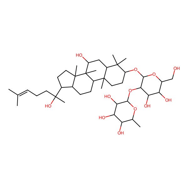 2D Structure of (2S,3R,4R,5R,6S)-2-[(2R,3R,4S,5S,6R)-4,5-dihydroxy-2-[[(3S,5R,7S,8R,9R,10S,13R,14R,17S)-7-hydroxy-17-[(2R)-2-hydroxy-6-methylhept-5-en-2-yl]-4,4,8,10,14-pentamethyl-2,3,5,6,7,9,11,12,13,15,16,17-dodecahydro-1H-cyclopenta[a]phenanthren-3-yl]oxy]-6-(hydroxymethyl)oxan-3-yl]oxy-6-methyloxane-3,4,5-triol