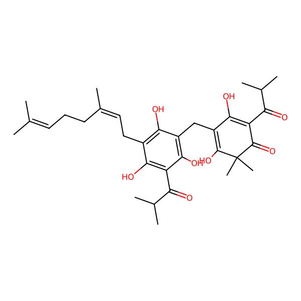 2D Structure of 4-[[3-[(2E)-3,7-dimethylocta-2,6-dienyl]-2,4,6-trihydroxy-5-(2-methylpropanoyl)phenyl]methyl]-3,5-dihydroxy-6,6-dimethyl-2-(2-methylpropanoyl)cyclohexa-2,4-dien-1-one