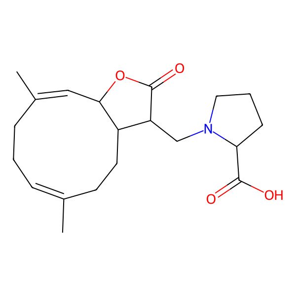 2D Structure of (2S)-1-[[(3R,3aS,6E,10E,11aS)-6,10-dimethyl-2-oxo-3a,4,5,8,9,11a-hexahydro-3H-cyclodeca[b]furan-3-yl]methyl]pyrrolidine-2-carboxylic acid