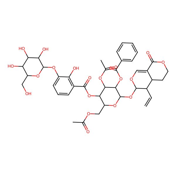 2D Structure of (4aS,5R,6S)-6-((3,6-Di-O-acetyl-2-O-benzoyl-4-O-(3-(beta-D-glucopyranosyloxy)-2-hydroxybenzoyl)-beta-D-glucopyranosyl)oxy)-5-ethenyl-4,4a,5,6-tetrahydro-1H,3H-pyrano(3,4-c)pyran-1-one