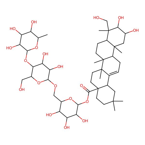 2D Structure of [(2S,3R,4S,5S,6R)-6-[[(2R,3R,4R,5S,6R)-3,4-dihydroxy-6-(hydroxymethyl)-5-[(2S,3R,4R,5R,6S)-3,4,5-trihydroxy-6-methyloxan-2-yl]oxyoxan-2-yl]oxymethyl]-3,4,5-trihydroxyoxan-2-yl] (4aS,6aR,6aS,6bR,8aR,9S,10R,11R,12aR,14bS)-10,11-dihydroxy-9-(hydroxymethyl)-2,2,6a,6b,9,12a-hexamethyl-1,3,4,5,6,6a,7,8,8a,10,11,12,13,14b-tetradecahydropicene-4a-carboxylate