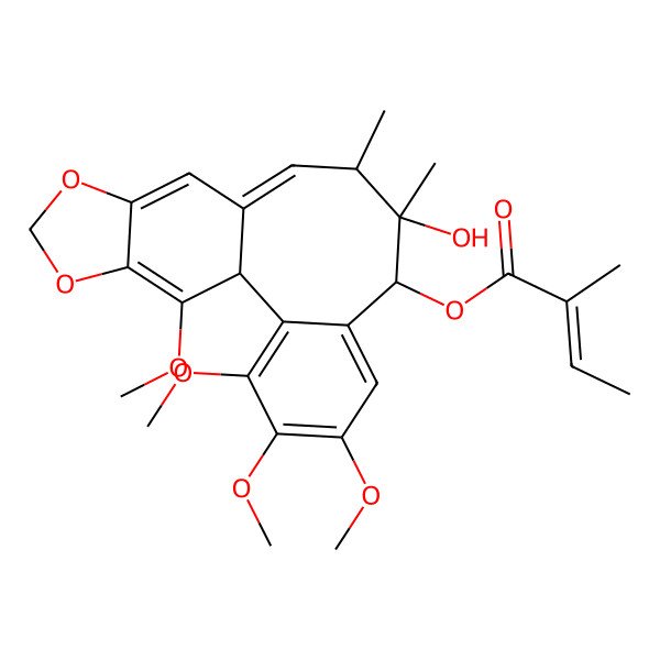2D Structure of 2-Butenoic acid, 2-methyl-, (5S,6S,7S,13AS)-5,6,7,13A-tetrahydro-6-hydroxy-1,2,3,13-tetramethoxy-6,7-dimethylbenzo[3,4]cycloocta[1,2-F][1,3]benzodioxol-5-YL ester, (2Z)-