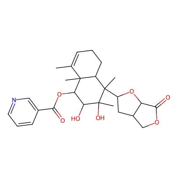 2D Structure of [(1R,3R,4S,4aS)-2,3-dihydroxy-3,4,8,8a-tetramethyl-4-[(2S)-6-oxo-3,3a,4,6a-tetrahydro-2H-furo[2,3-c]furan-2-yl]-2,4a,5,6-tetrahydro-1H-naphthalen-1-yl] pyridine-3-carboxylate