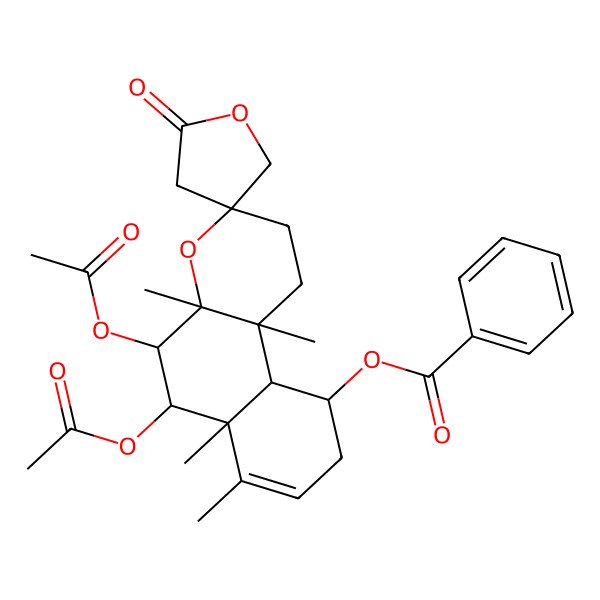 2D Structure of [(3R,4aS,5S,6R,6aR,10R,10aS,10bS)-5,6-diacetyloxy-4a,6a,7,10b-tetramethyl-2'-oxospiro[2,5,6,9,10,10a-hexahydro-1H-benzo[f]chromene-3,4'-oxolane]-10-yl] benzoate